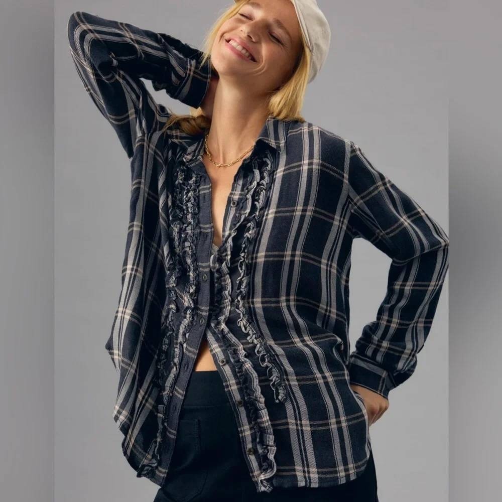 Anthropologie Pilcro Ruffle Front Plaid Button Down Shirt Womens Sz M Black Wool